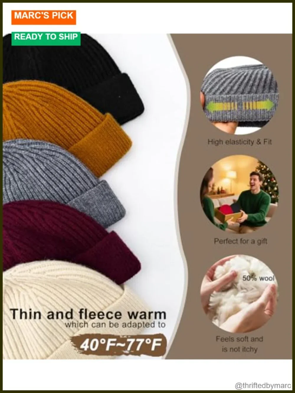 Wool Blend Knit Cuff Short Fisherman Beanie - Trawler Skull Cap, Watch Cap